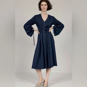 TIBI Navy Ruched Convertible Sleeve Stretch Crepe Midi V-Neck Dress Size 8 NWOT